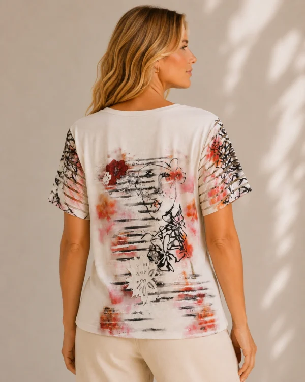 KAV26145-02-back Kalisson floral print cotton viscose top with coral pink and black artwork