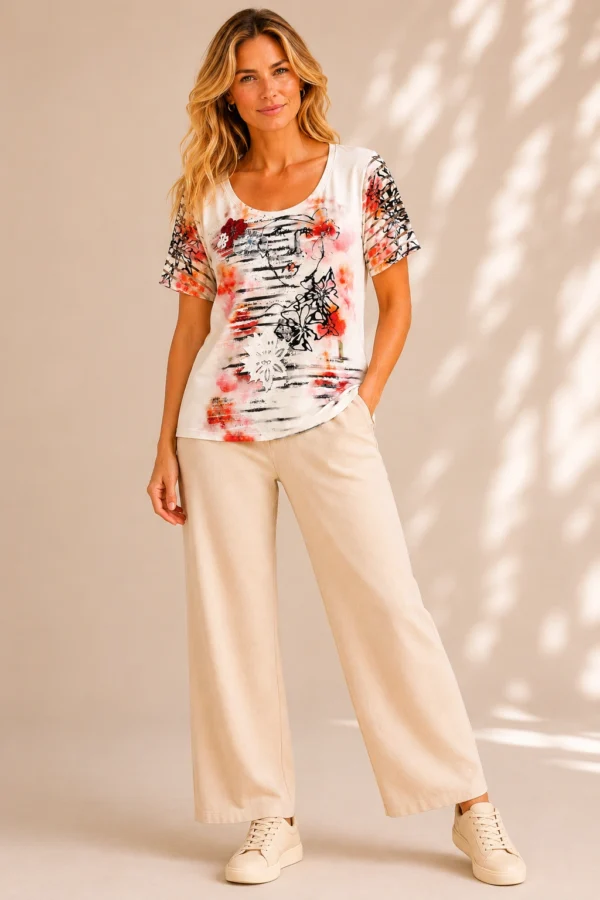 KAV26145-03-full-body Kalisson floral print cotton viscose top with coral pink and black artwork