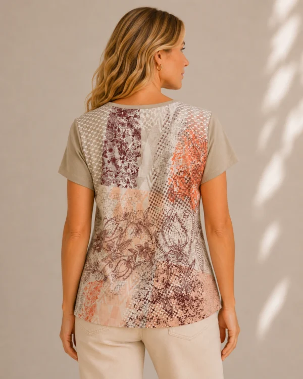 KAV26146-02-back Kalisson floral patchwork cotton viscose top in beige and coral tones