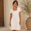 KAV26148-01-front Kalisson ivory cotton viscose knee length dress