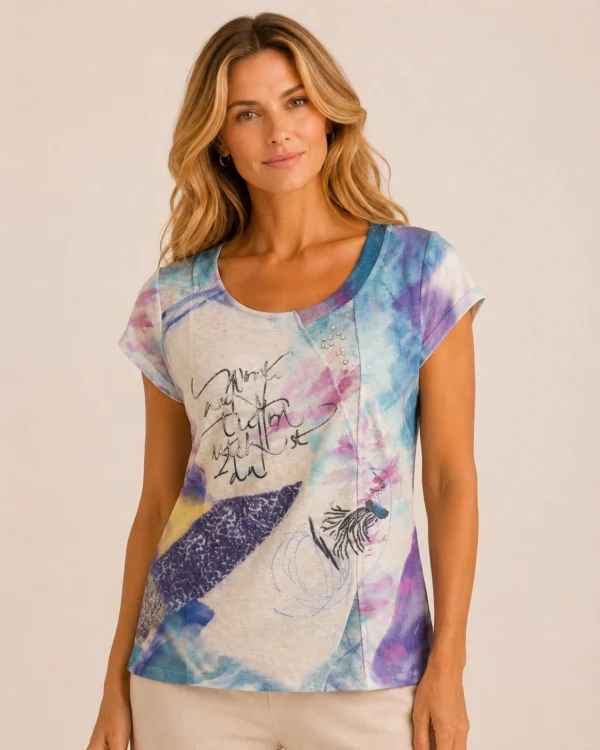 KAV26153-01-front Kalisson abstract print cotton T-shirt in multicolour design.