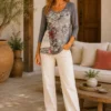 KAV26155-03-lifestyle Kalisson grey floral print cotton top