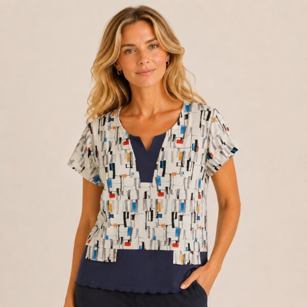 KAV26162-01-front Kalisson abstract print cotton top navy