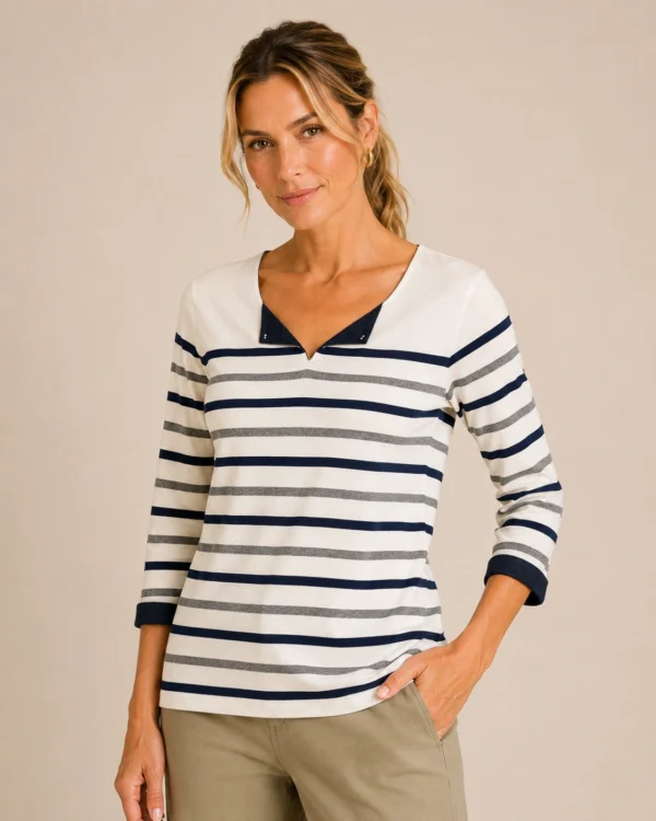 KAV26163-01-front Kalisson striped cotton top in navy grey and ivory.