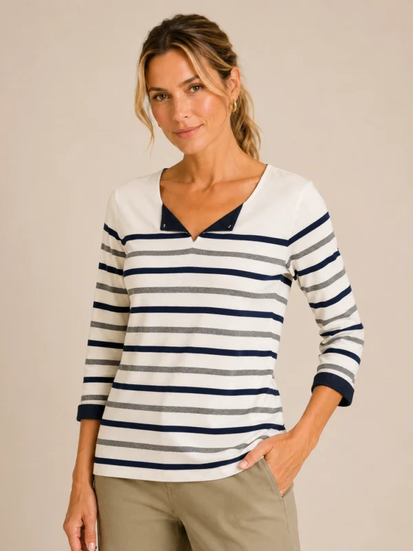 Kalisson striped cotton top in navy grey and ivory.
