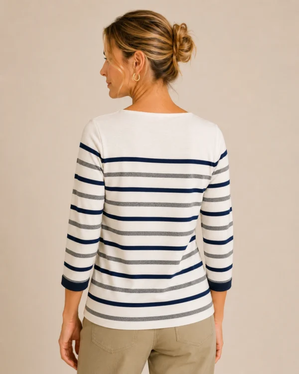 KAV26163-02-back Kalisson striped cotton top in navy grey and ivory.
