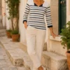 KAV26163-04-lifestyle Kalisson striped cotton top in navy grey and ivory.