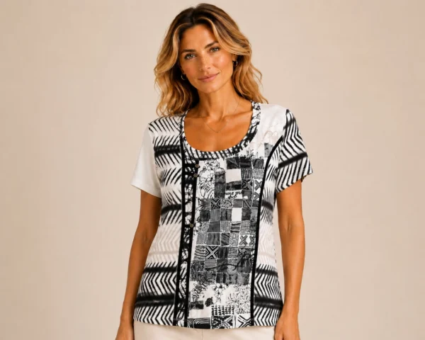 KAV26166-01-front-upperbody Kalisson abstract print cotton top black and white