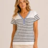 Kalisson navy and white striped cotton top.