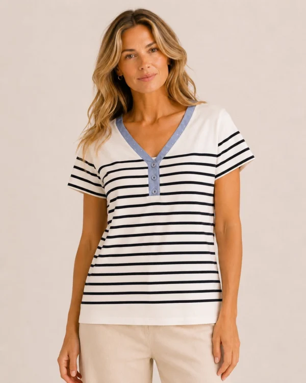 Kalisson navy and white striped cotton top.
