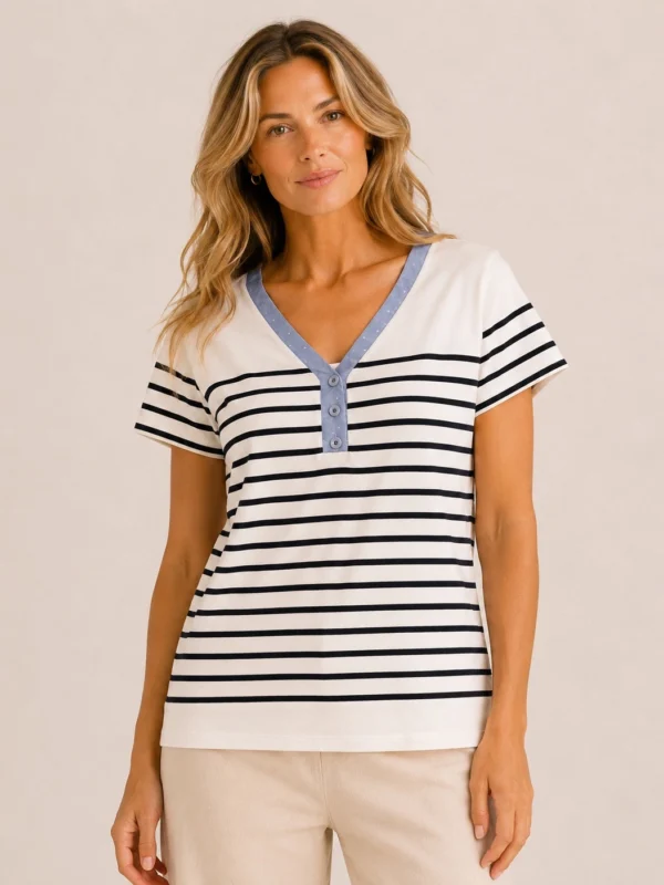 Kalisson navy and white striped cotton top.