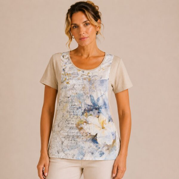 KAV26174-01-front Kalisson beige floral print cotton top with blue floral artwork