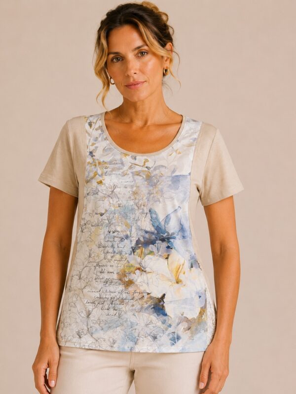 Kalisson beige floral print cotton top with blue floral artwork