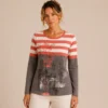Kalisson coral stripe cotton top with artistic print