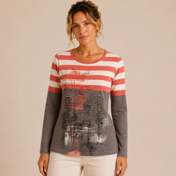 Kalisson coral stripe cotton top with artistic print