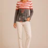 Kalisson coral stripe cotton top with artistic print