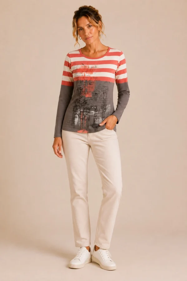 Kalisson coral stripe cotton top with artistic print