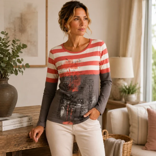 Kalisson coral stripe cotton top with artistic print