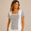 KAV26180-01-front Kalisson white and black striped cotton top with short sleeves.