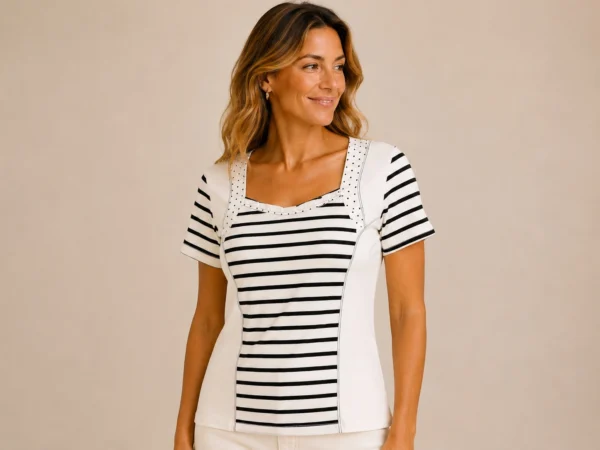 KAV26180-01-front Kalisson white and black striped cotton top with short sleeves.