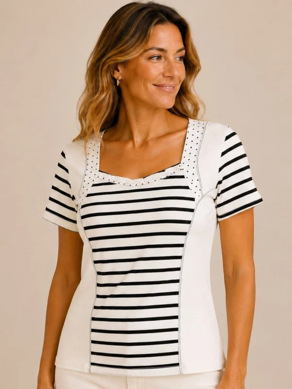 Kalisson white and black striped cotton top with short sleeves.