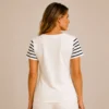 KAV26180-02-back Kalisson white and black striped cotton top with short sleeves.