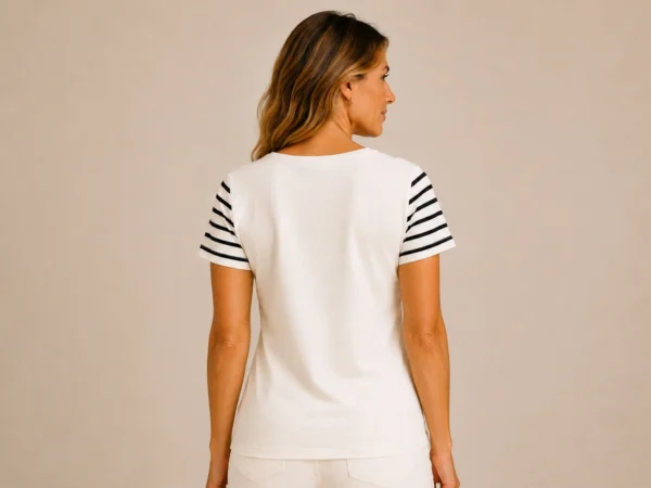 KAV26180-02-back Kalisson white and black striped cotton top with short sleeves.