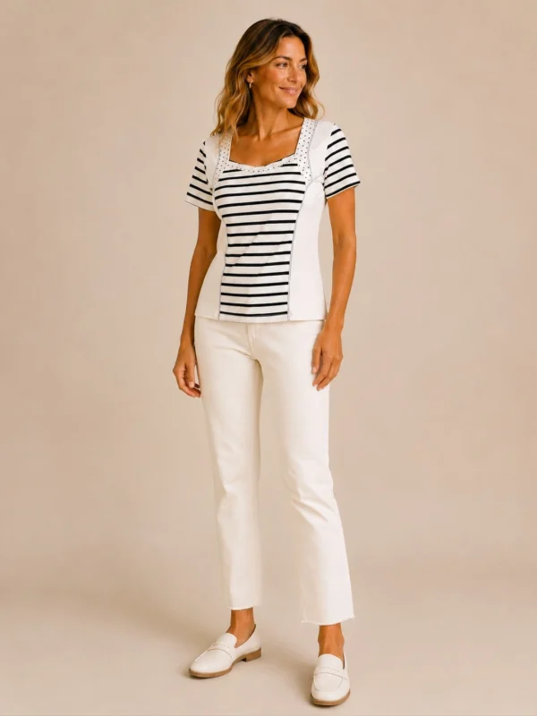 KAV26180-03-full-body Kalisson white and black striped cotton top with short sleeves.