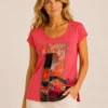 Kalisson coral cotton graphic t-shirt with front graphic panel and stud detail