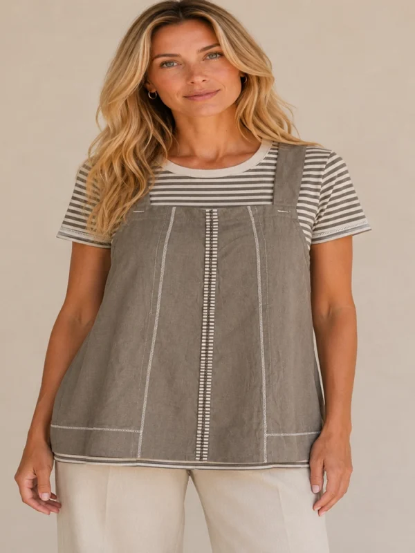 KAV26184-01-front-upperbody Kalisson Cotton Layered Tunic Beige