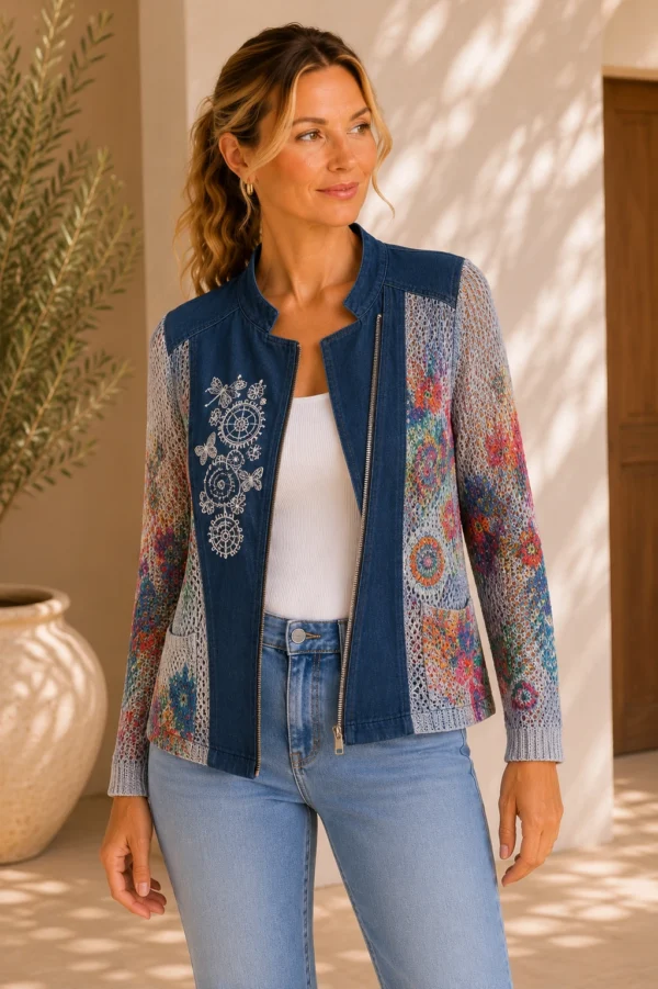 KAV262-01 Kalisson printed knit denim jacket blue