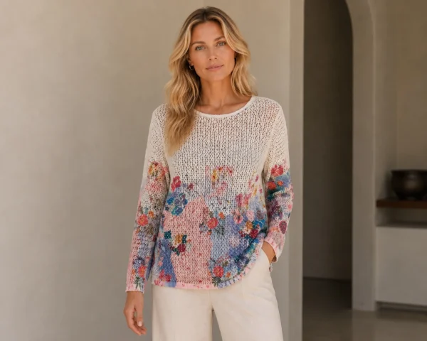 KAV2620-M1-1-front-upperbody Kalisson Floral Open Knit Sweater Cream Pink