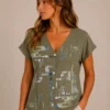 KAV2624-01-front Kalisson khaki geometric print blouse women