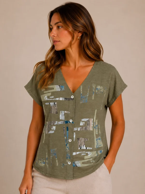 KAV2624-01-front Kalisson khaki geometric print blouse women