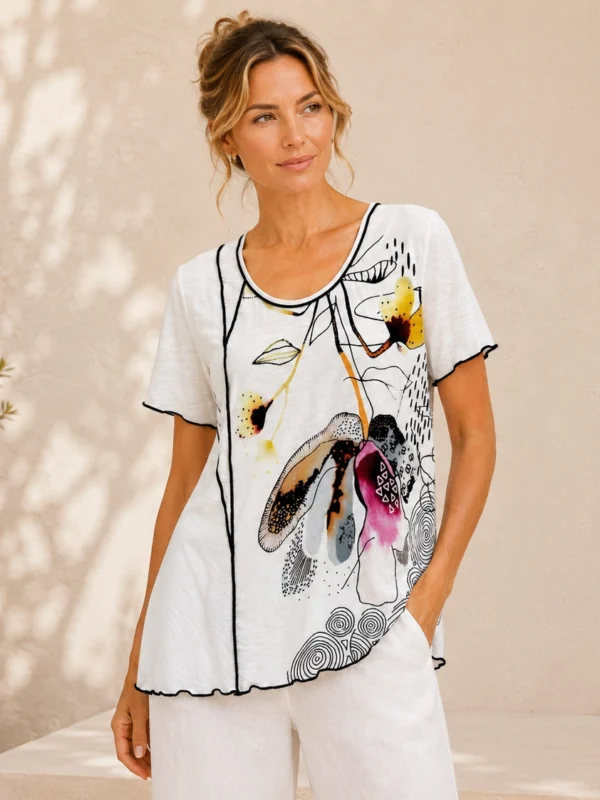 Kalisson white abstract floral cotton top