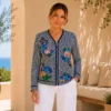 KAV264-01-front-upperbody Kalisson embroidered zip jacket navy pattern with colourful embroidery