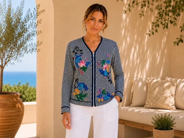 KAV264-01-front-upperbody Kalisson embroidered zip jacket navy pattern with colourful embroidery