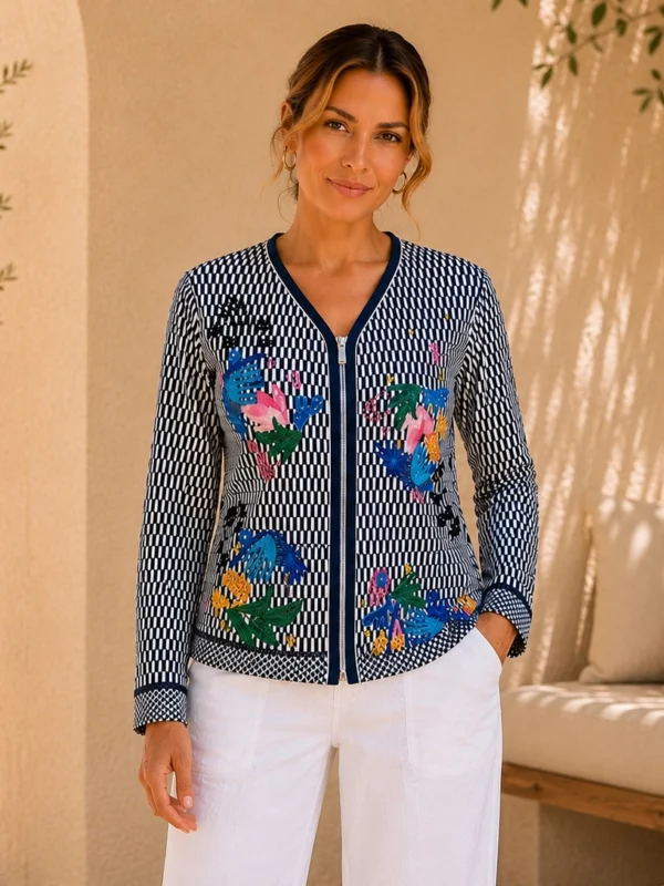 Kalisson embroidered zip jacket navy pattern with colourful embroidery