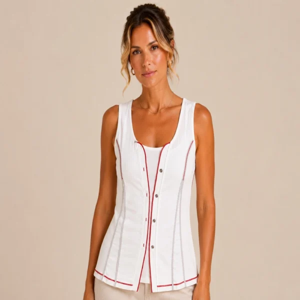 KAV2640-01-front Kalisson white sleeveless cotton top with contrast stitch detail