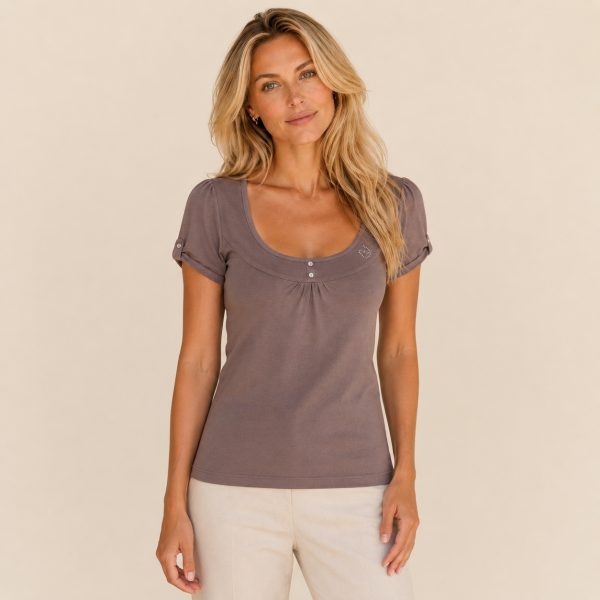 KAV2650-01-front Kalisson taupe cotton scoop neck top