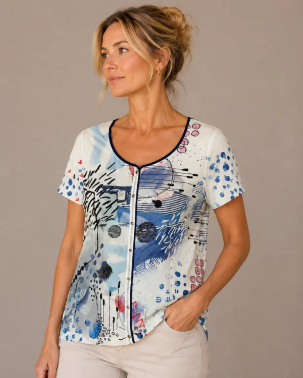 Kalisson White Blue Abstract Print Cotton Top