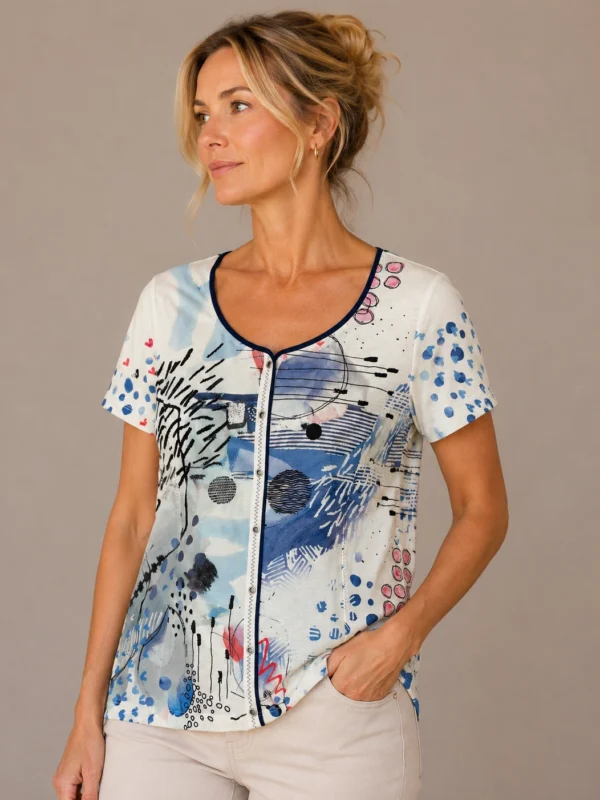 Kalisson White Blue Abstract Print Cotton Top
