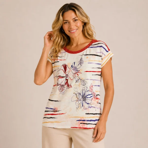 KAV266616-01-front-upperbody Printed Viscose Top multicolour floral print by Kalisson