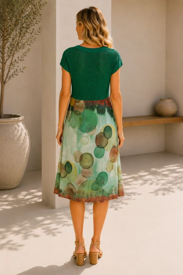 KAV2669-02-back Kalisson green knit print knee-length dress