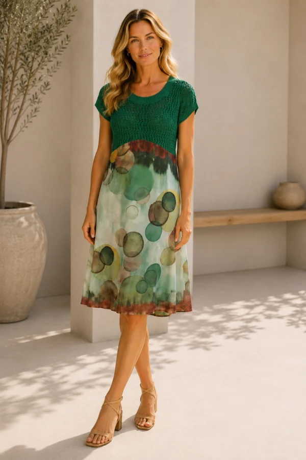 KAV2669-03-side Kalisson green knit print knee-length dress