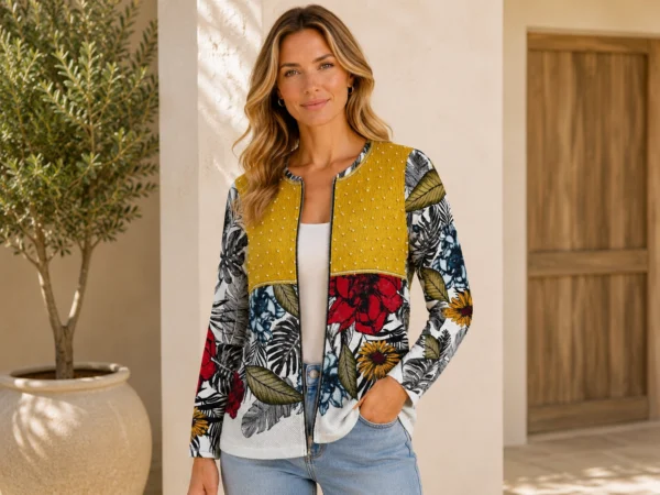 KAV267-01-front Kalisson floral zip jacket with yellow panel
