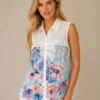 KAV2675-01-front-upperbody Kalisson sleeveless floral blouse with white collar and multicolour floral print