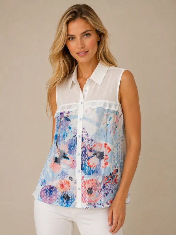Kalisson sleeveless floral blouse with white collar and multicolour floral print