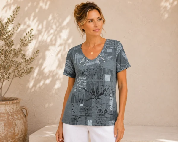 KAV2680-01-front Kalisson Grey Print Cotton Top