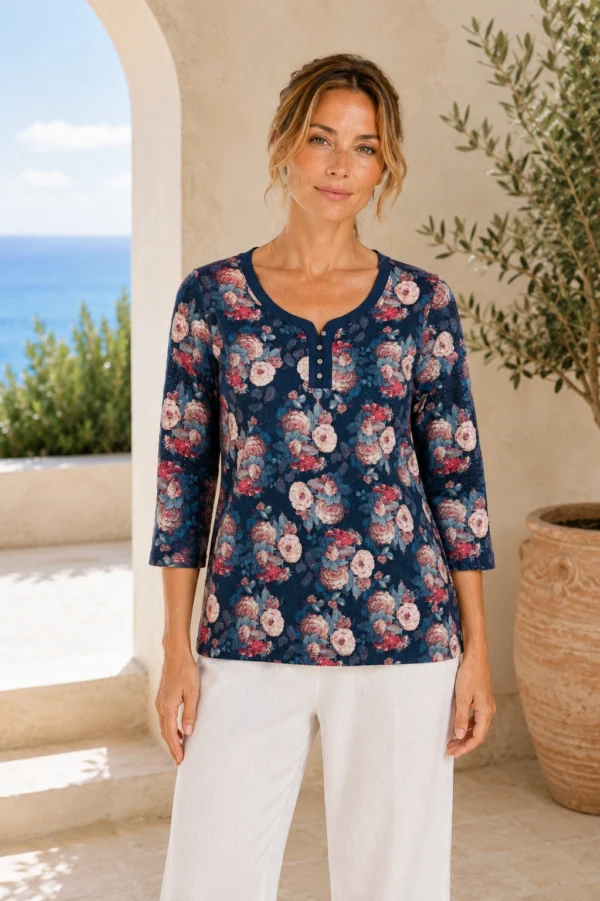 KAV2682-01-front Kalisson floral print top navy